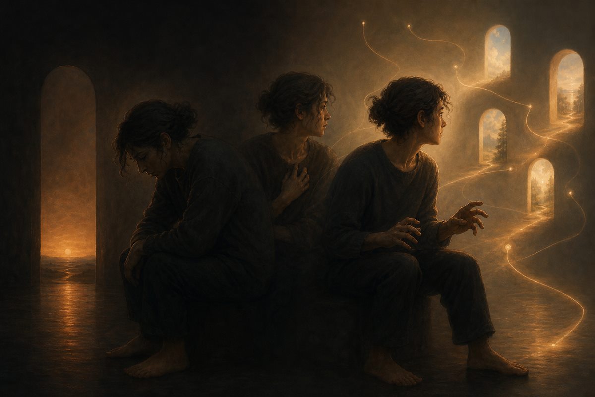 A pictorial comparison: dread appears weighted and inward, while anxiety appears restless and watchful toward several uncertain possibilities.