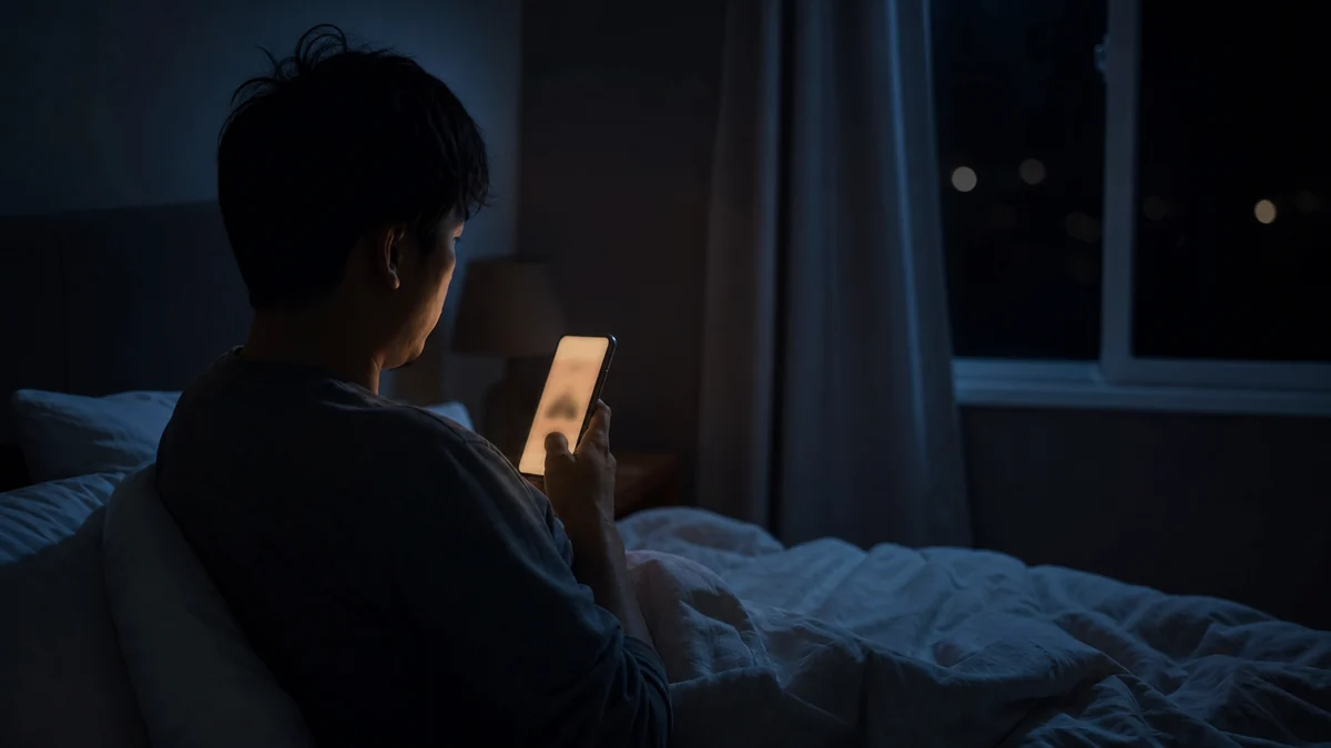 A person scrolling through a smartphone in bed late at night