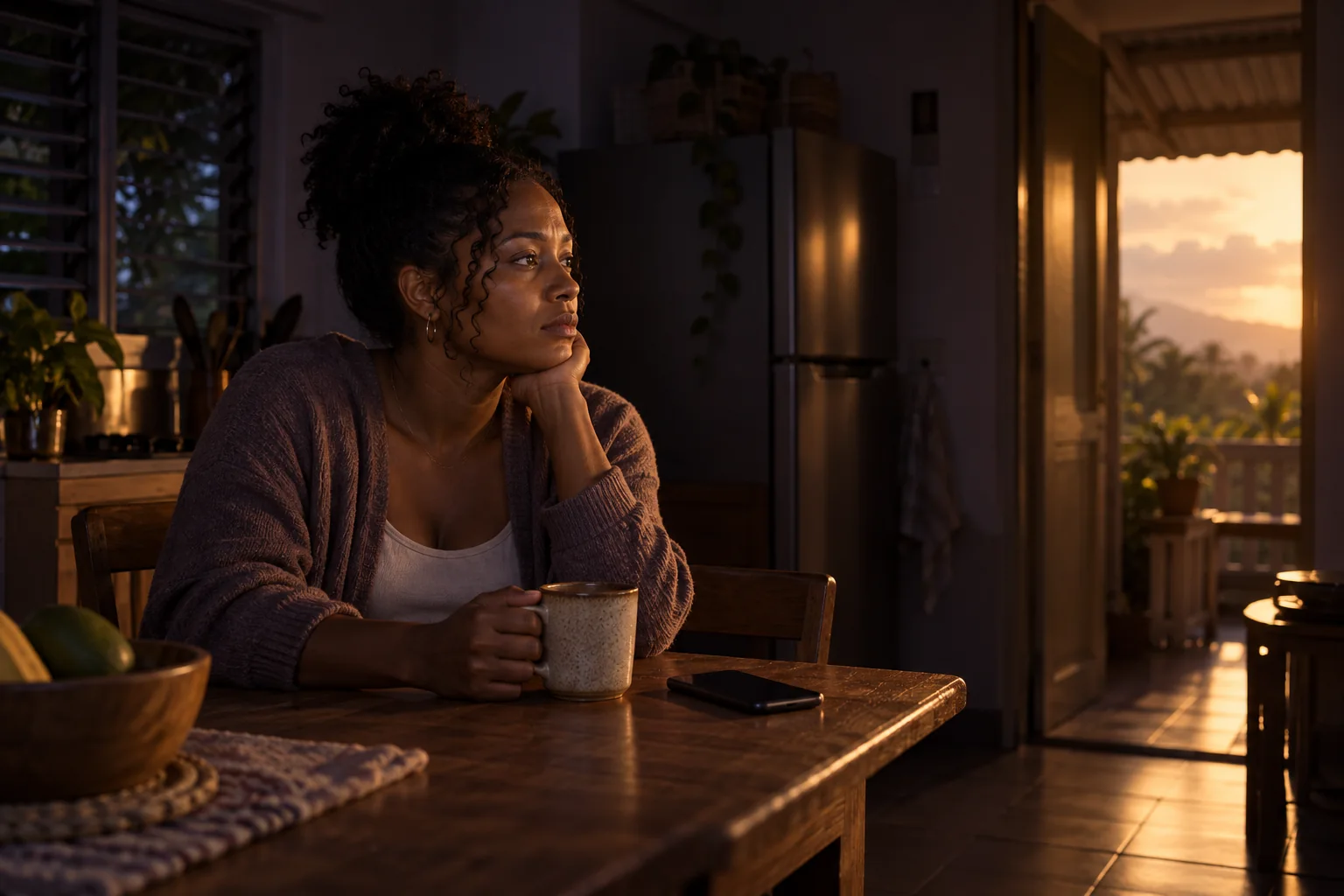 A woman sits at a kitchen table before dawn, holding a mug and looking toward a sunlit doorway while her phone rests nearby.