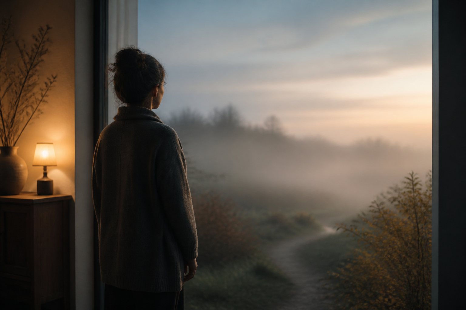 A person standing at a quiet threshold, looking toward a landscape where clear morning light meets soft mist.