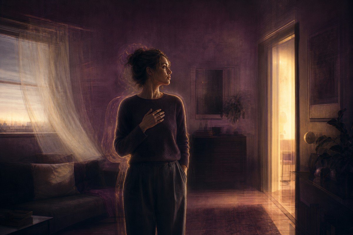 A woman pauses with one hand on her chest in a dim plum-colored room, looking toward a bright doorway as subtle outlines suggest a change she has noticed but not yet interpreted.