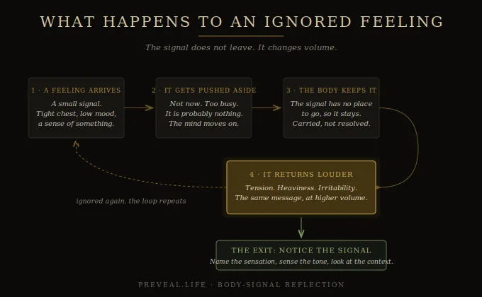 Diagram of the ignored feeling loop: a feeling arrives as a small body signal, gets pushed aside, the body keeps carrying it, and it returns louder as tension, heaviness, or irritability, repeating until the signal is noticed and read through sensation, tone, and context