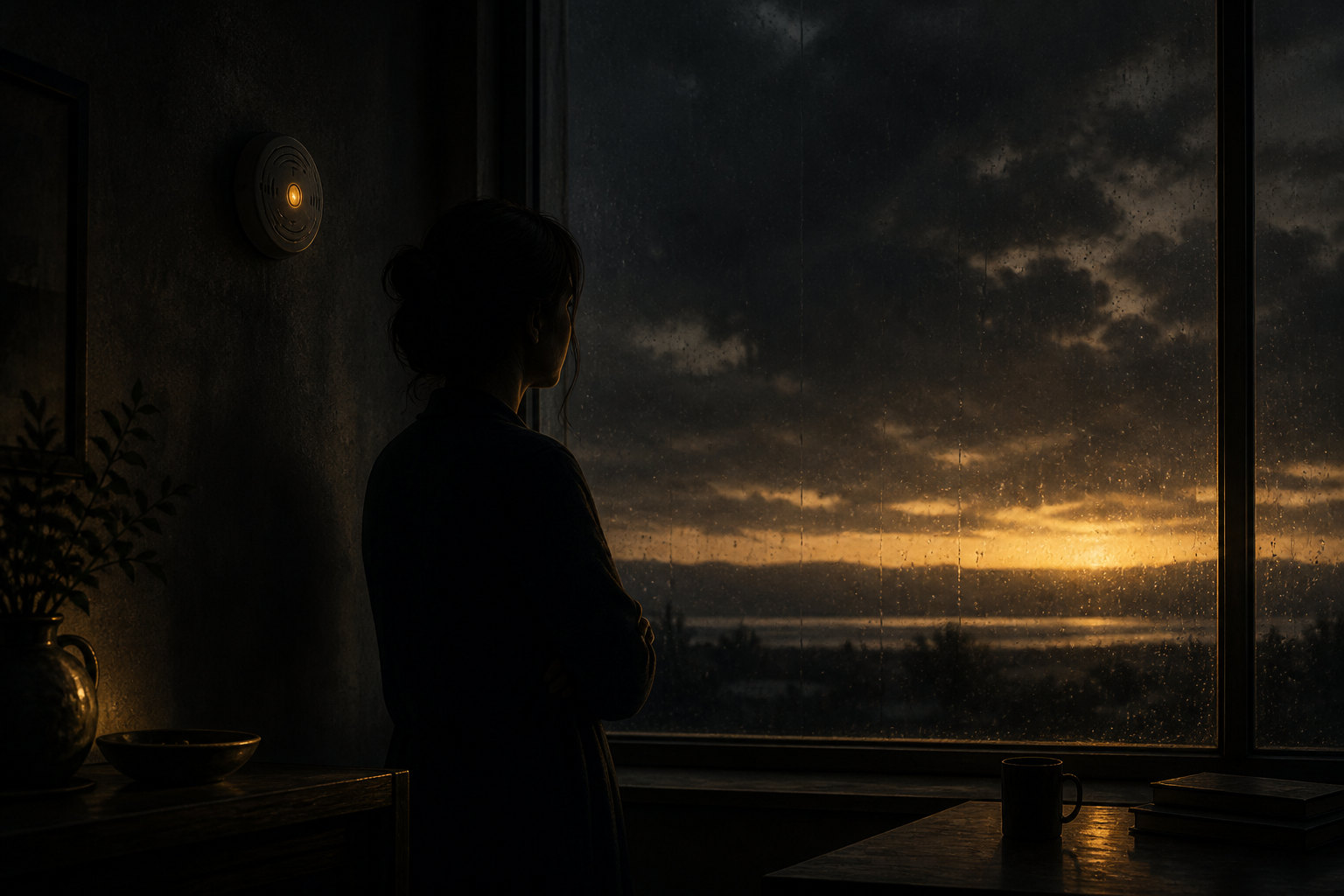 A contemplative figure beside a softly lit alarm indicator, watching storm clouds break toward a warm horizon.