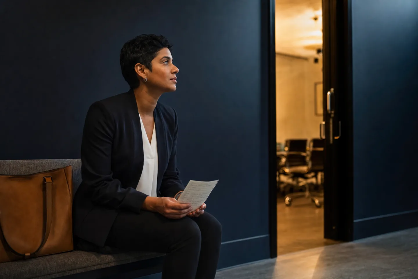 A prepared person holding notes outside a warmly lit meeting room before an important conversation.