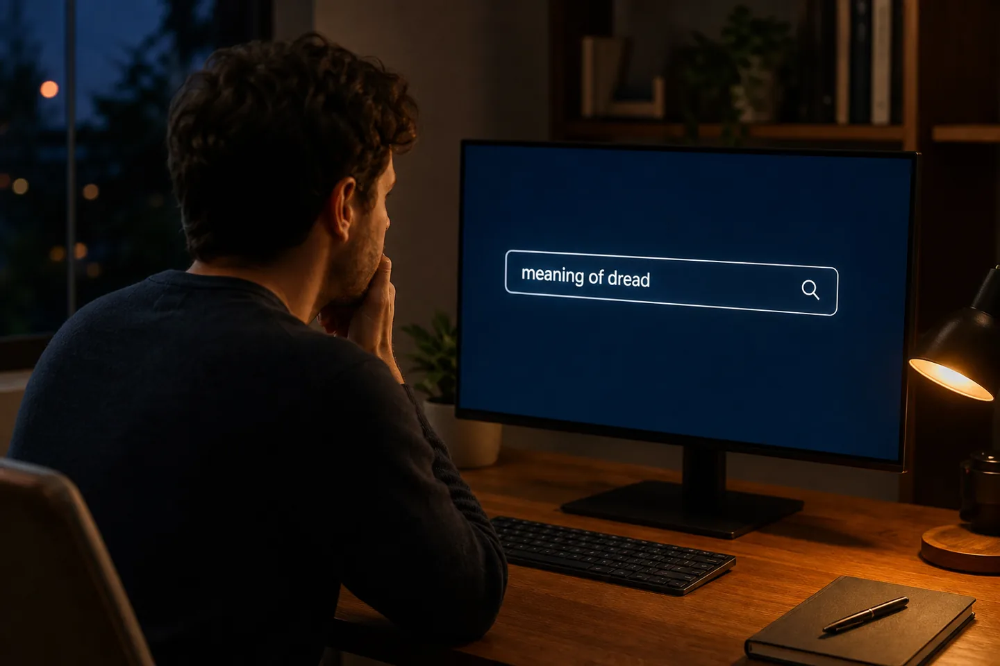 A person at a home computer searching for the phrase meaning of dread, clearly visible on the monitor.
