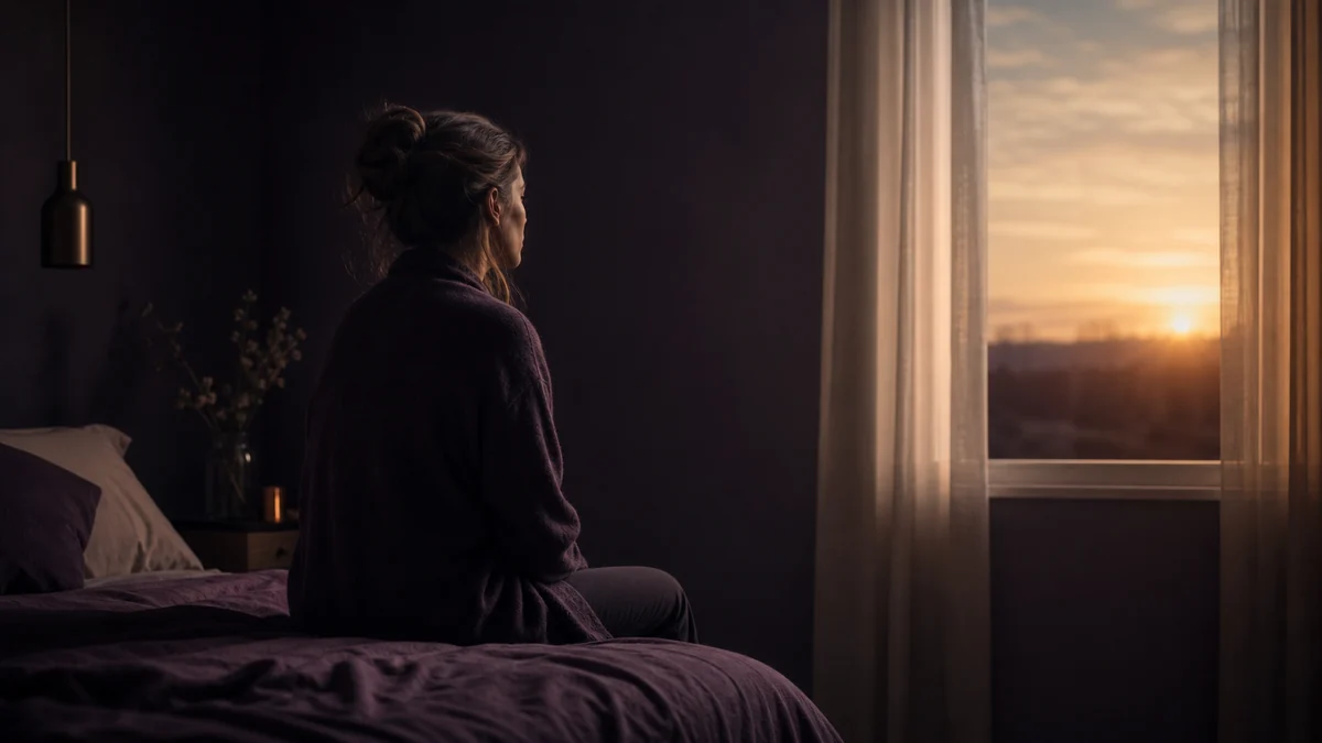 A person sitting quietly at the edge of a bed and looking toward the dawn