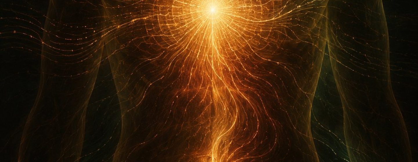 A translucent human silhouette against a deep black background, with luminous amber and rust-gold signals radiating outward from the chest and tracing a glowing nerve-like path through the torso and gut — a visceral visual representation of interoception, the nervous system's process of sensing, transmitting, and interpreting signals from within the body
