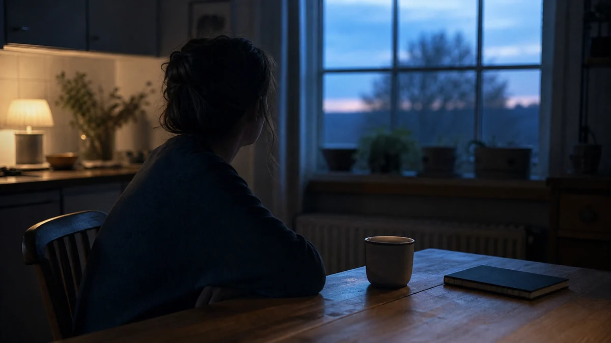 A person sitting quietly at a kitchen table before sunrise, reflecting on a hard-to-name sense of doom