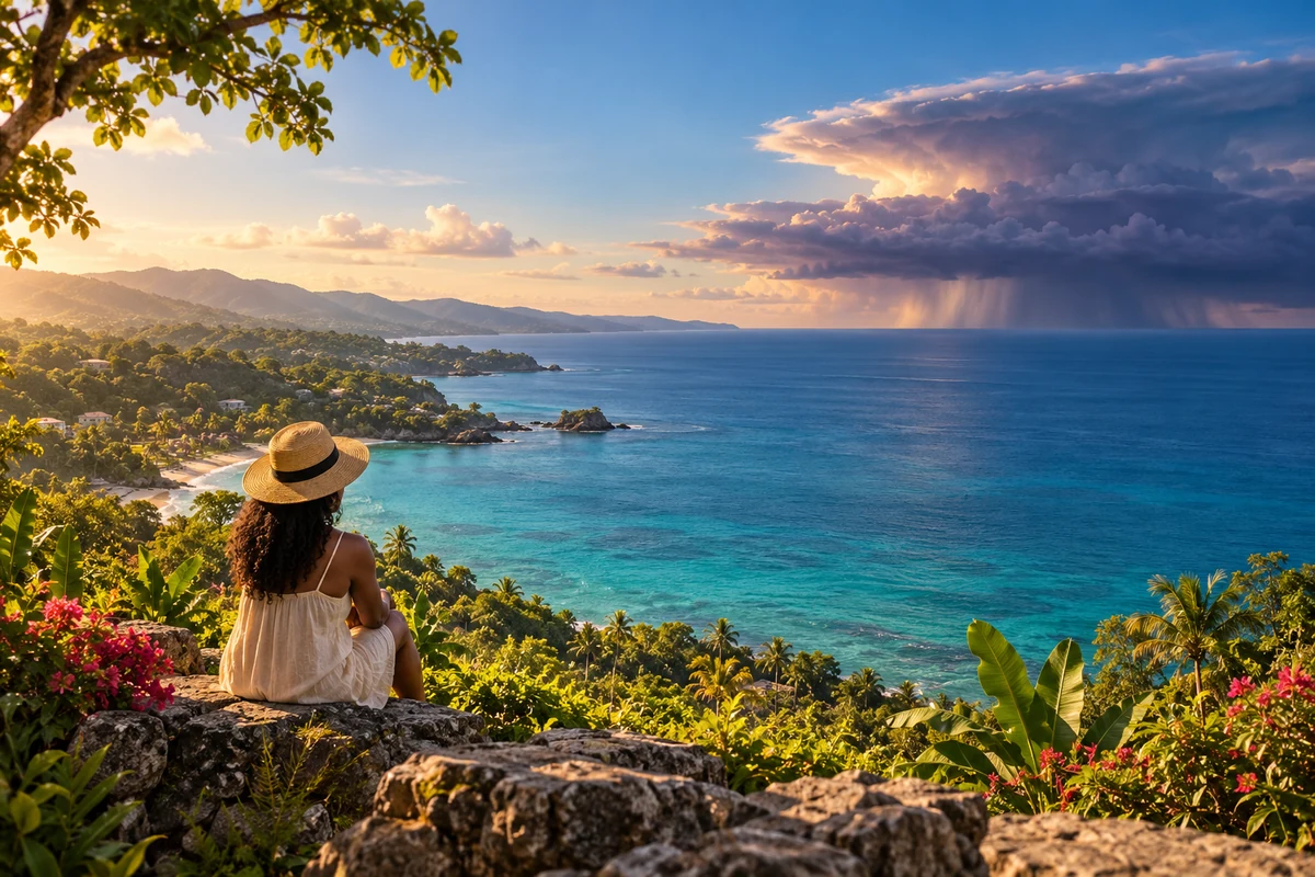 A person on elevated tropical land looks across a calm Caribbean coast toward a distant storm gathering on the horizon.
