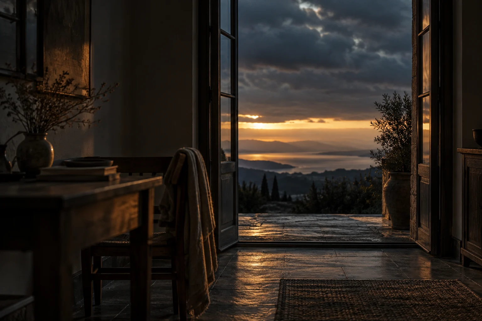 An open doorway facing a distant horizon beneath gathering clouds and warm evening light