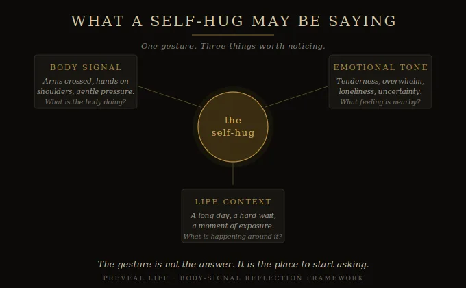 Diagram of the Body-Signal Reflection Framework applied to a self-hug: the gesture sits at the center with three reflection areas around it, body signal asking what the body is doing, emotional tone asking what feeling is nearby, and life context asking what is happening around the moment