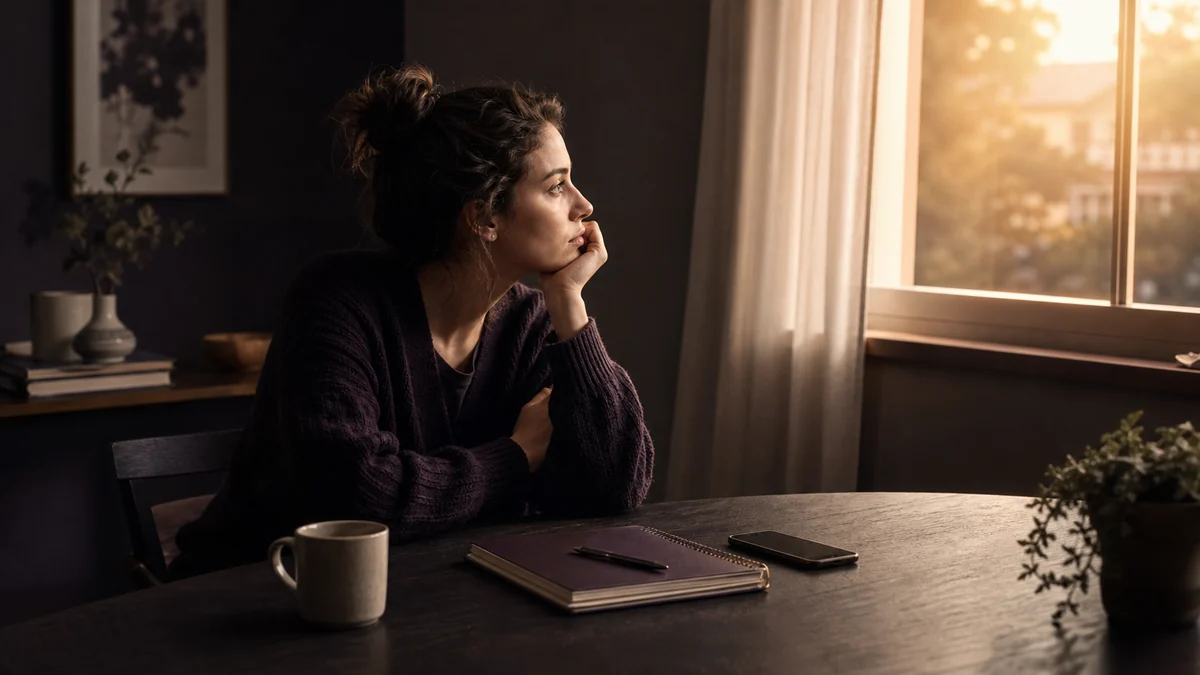 A person pausing at a table before beginning the day