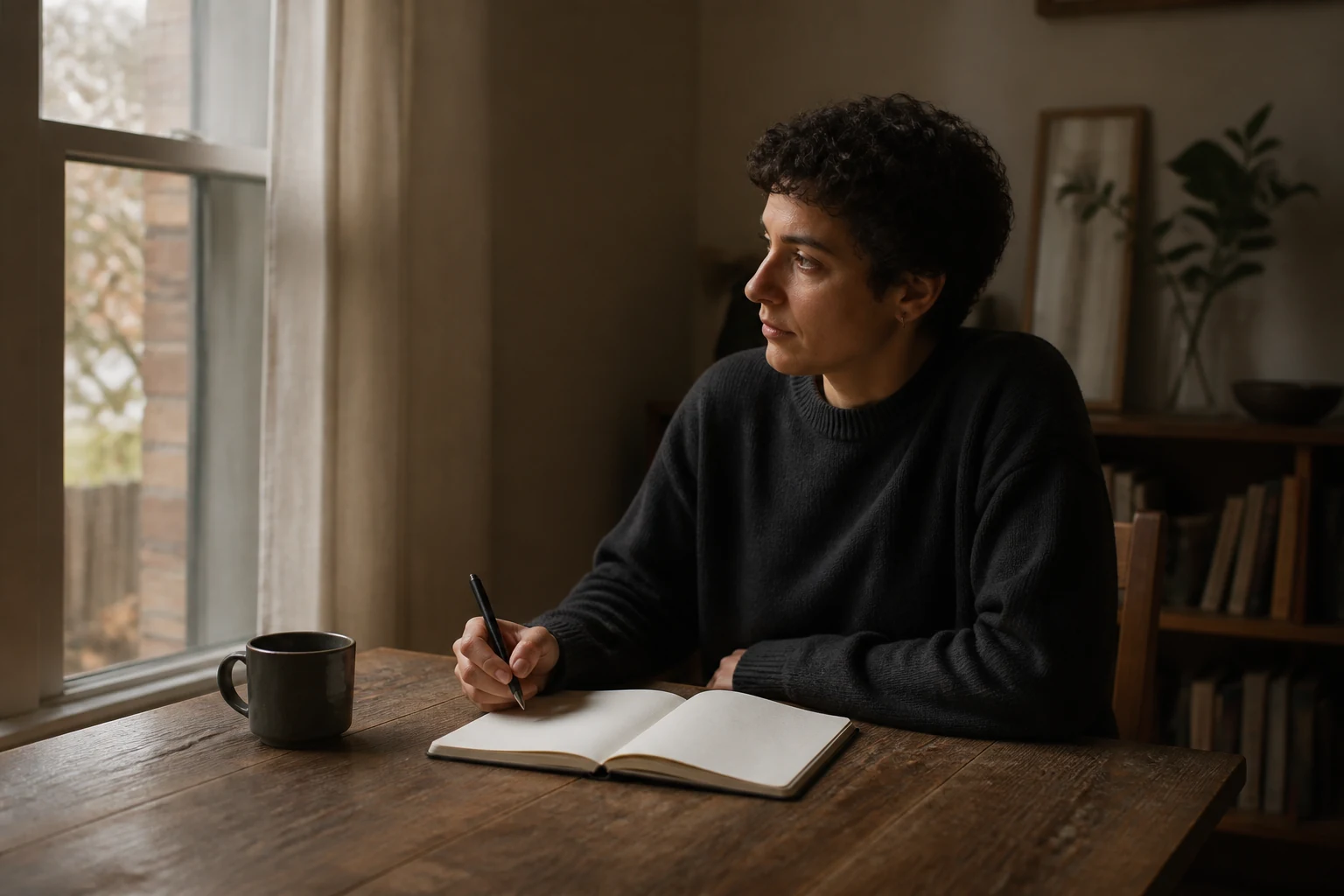 A pensive person pauses with a pen above an open journal beside a window