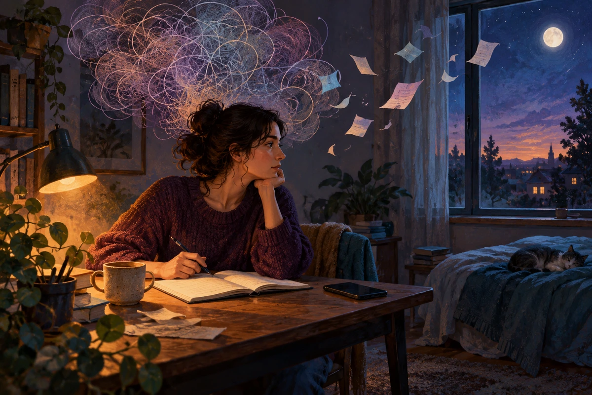 Conceptual illustration of an adult at a desk at dusk, with tangled threads representing worry and fading paper fragments representing recall.
